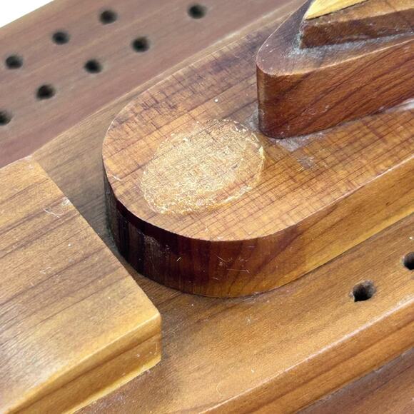 Vintage Wood Battle Ship Shaped Cribbage Board Game on Marble Base Cannon Pegs - Picture 3 of 11